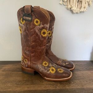 Shyanne Brown Leather Boots with Yellow Floral Embroidery
